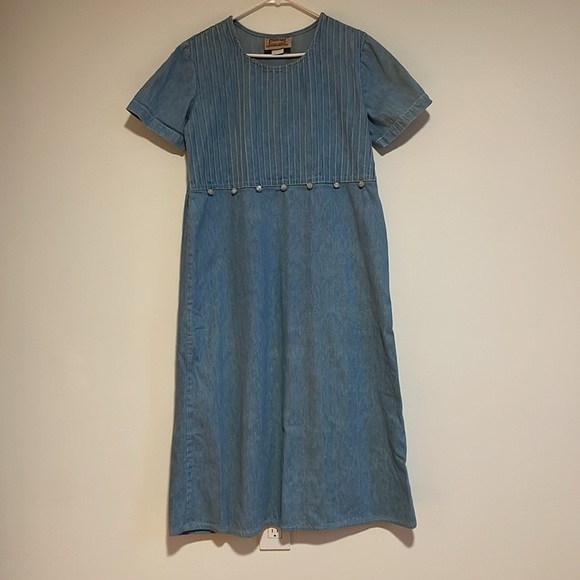 VTG Cottagecore Dress Denim Maxi 14 Blue Sleeve Jean 90s Granny Hippie Feminine - Picture 2 of 16